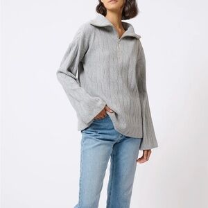 Kal Rieman Sandra Wide Collared Quarter Zip Pullover Cable Knit Sweater, Gray, L